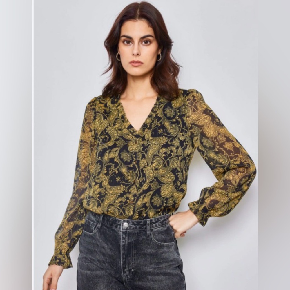 Isabel Marant Etoile Black and Mustard Paisley Women's Silk Top